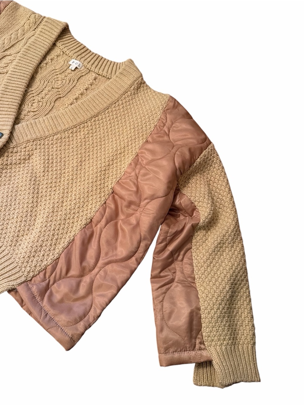 POL Cable Knit Cardigan. Fabric Block in Tans and Different Materials Oversized